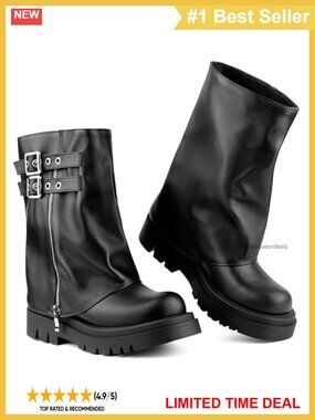 Women's Mid Calf Fold Over Moto Combat Boots Faux Leather Platform